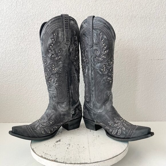 Lane Santorini Womens Cowboy Boots 7.5 Black Gray Western Cowgirl Mid Calf Tall - Picture 7 of 11